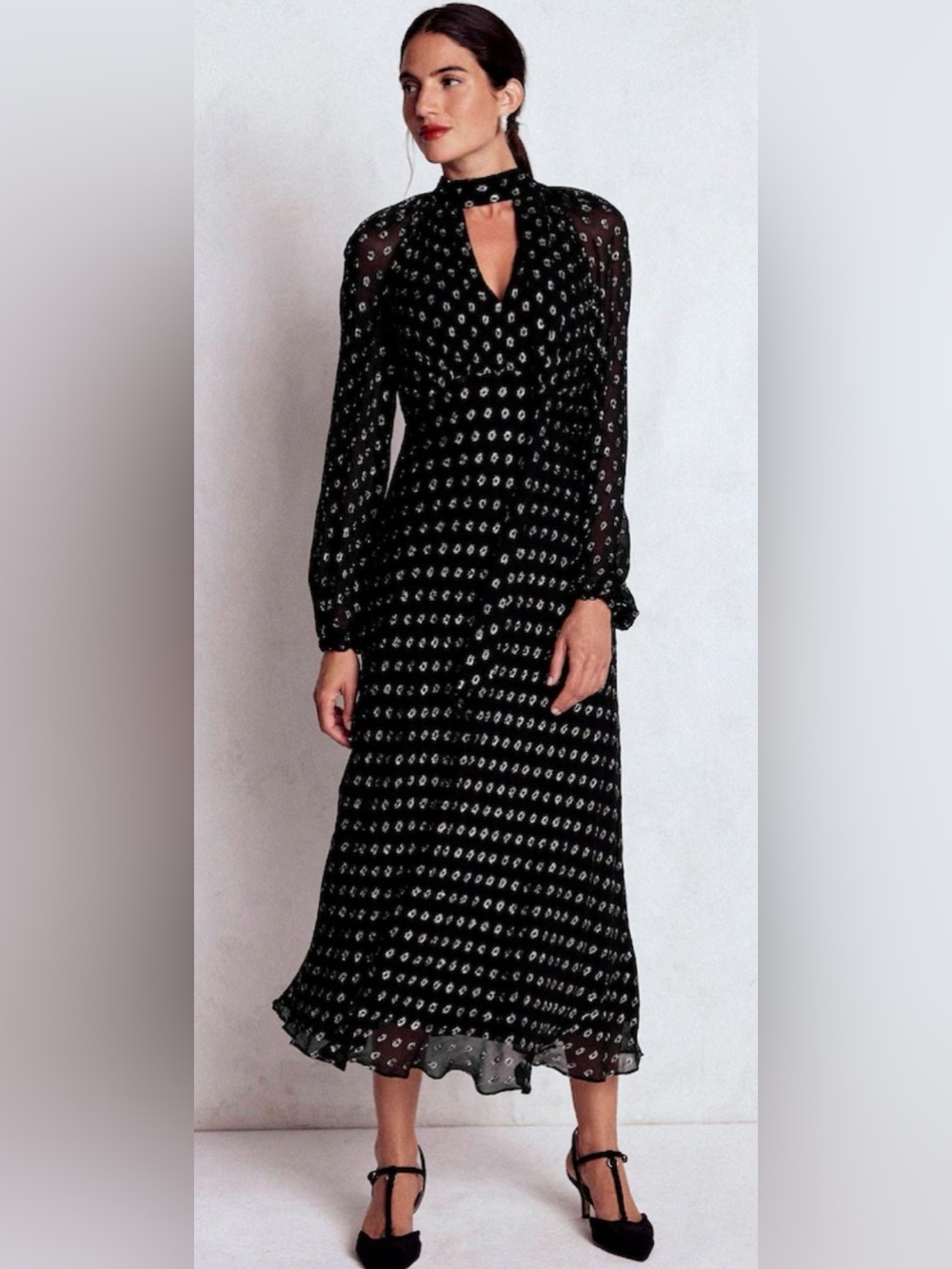 Boden Tie Neck Midi Dress Black Silver Metallic 12P
